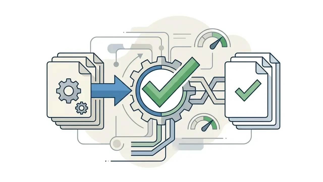 Files moving through a central gear with a checkmark to emerge as approved and validated assets