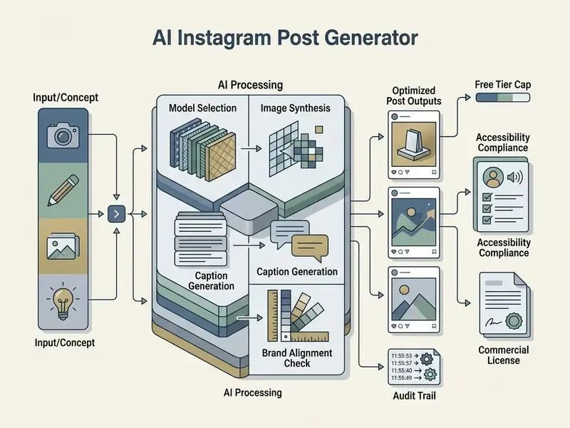 Flowchart showing inputs moving through a central processing unit to create social media content outputs