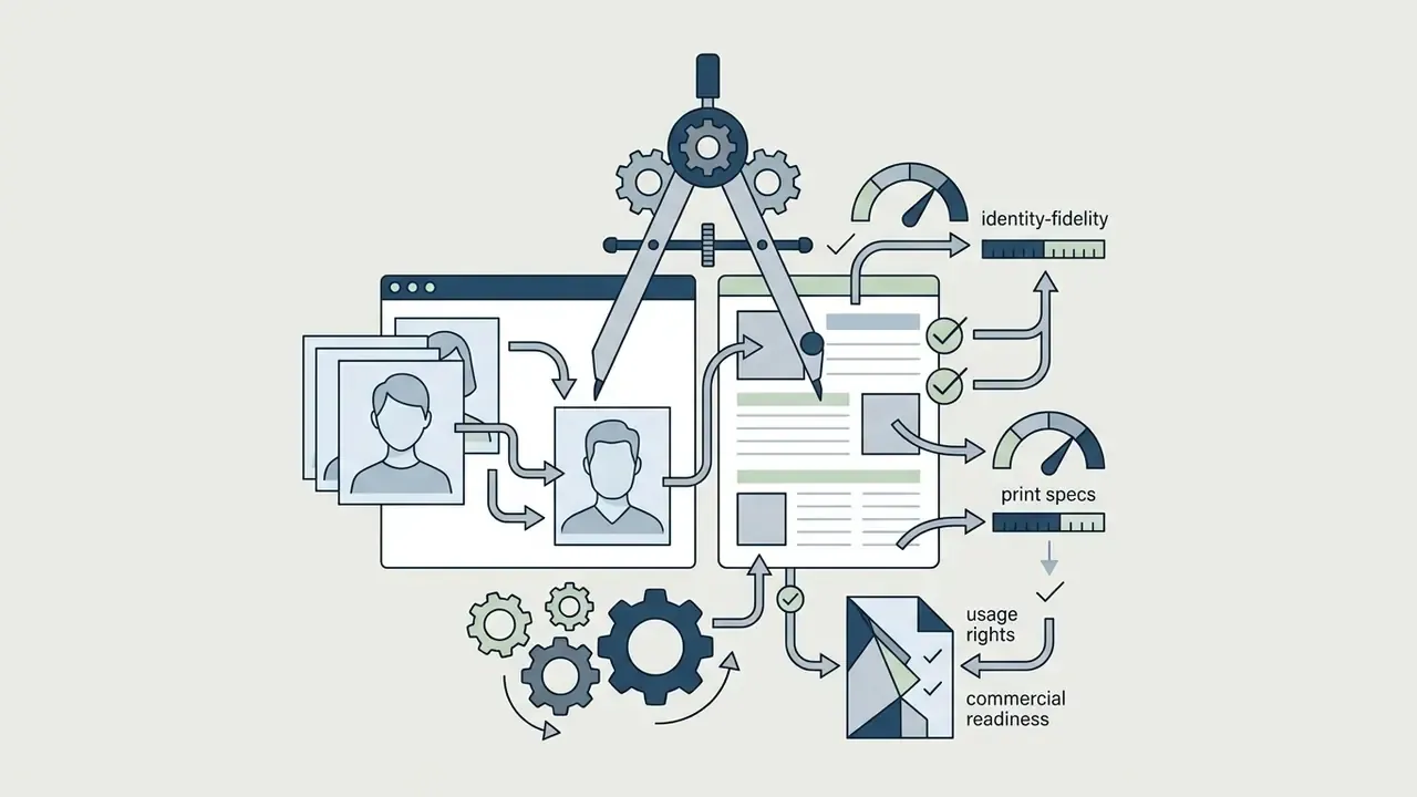 Drafting compass and gears processing character portraits into technical documentation and quality metrics