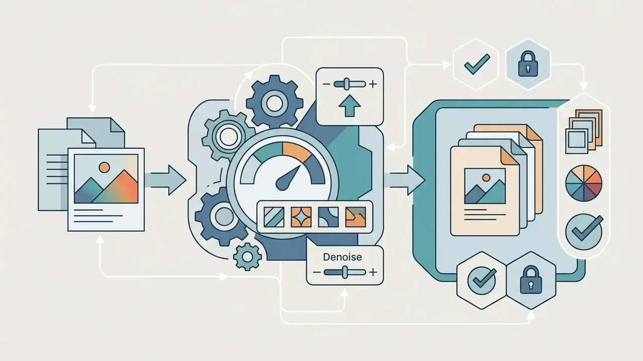 Document icons feeding into a gear mechanism with a denoise slider to produce stylized image outputs