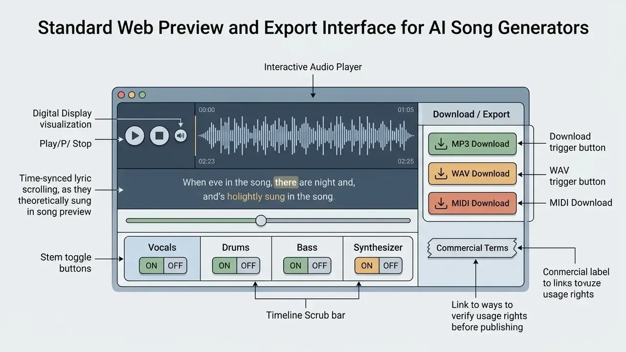 Interactive audio player interface with waveform, lyric scrolling, stem toggles, and export download buttons