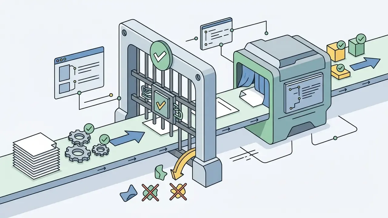Documents moving along a conveyor belt through a quality gate that filters out rejected items