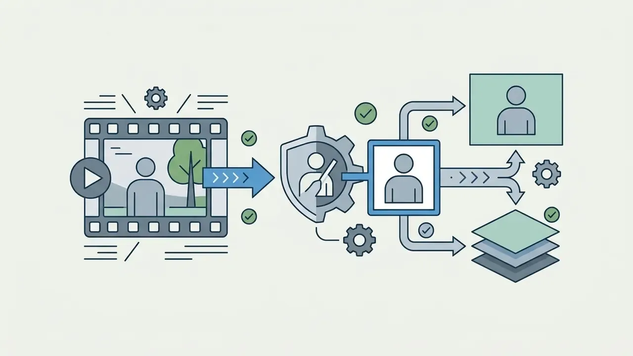 Diagram showing video frames processed through a secure pipeline to isolate subjects into layers