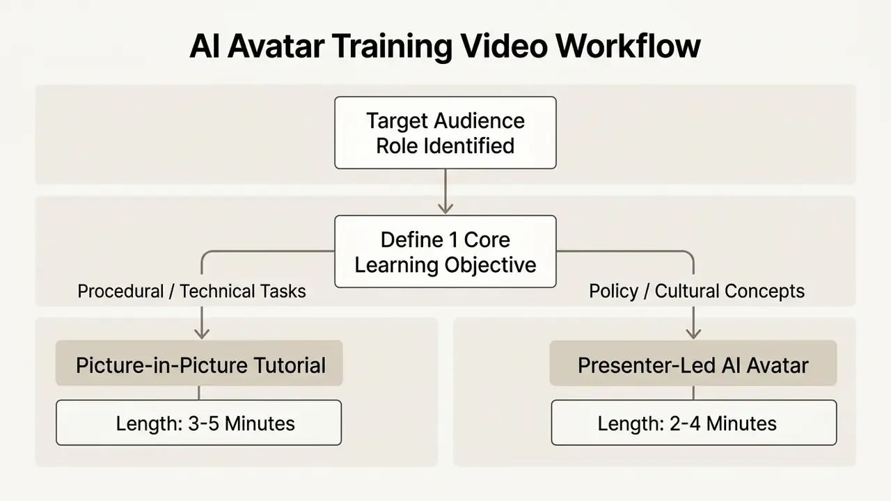 Decision tree mapping audience roles and learning objectives to specific video formats and durations