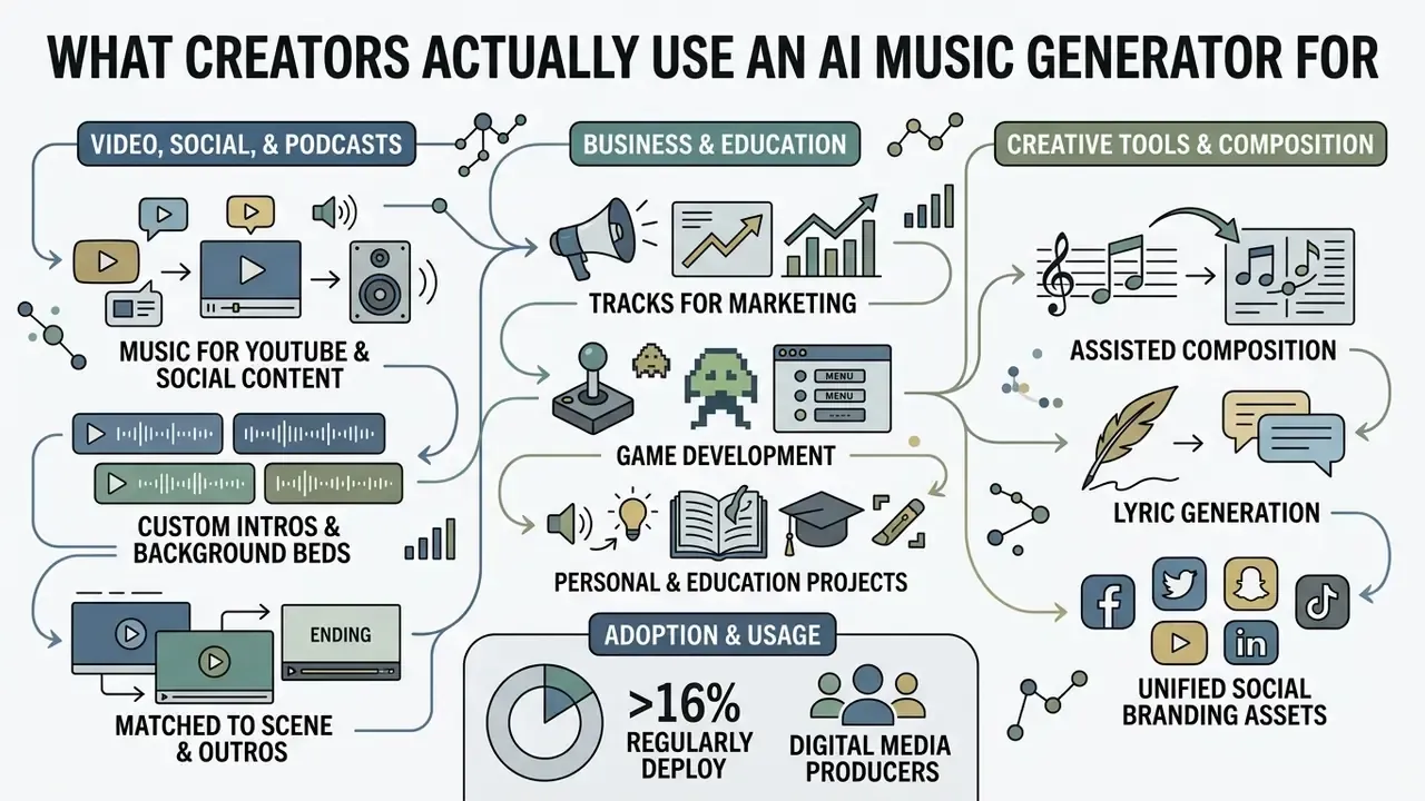 Map of creative applications for AI audio tools across video, marketing, gaming, and composition