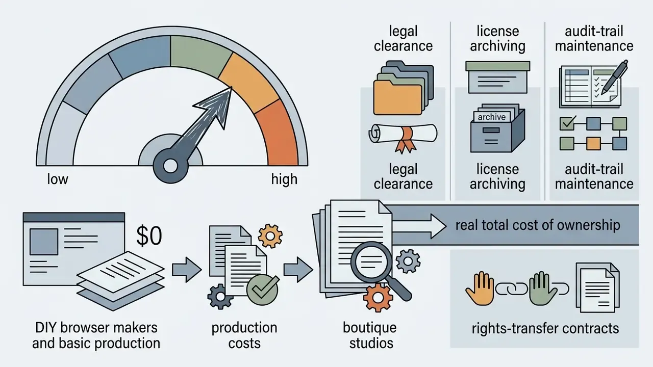 Gauge indicating production cost levels alongside icons for legal, archiving, and rights management tasks