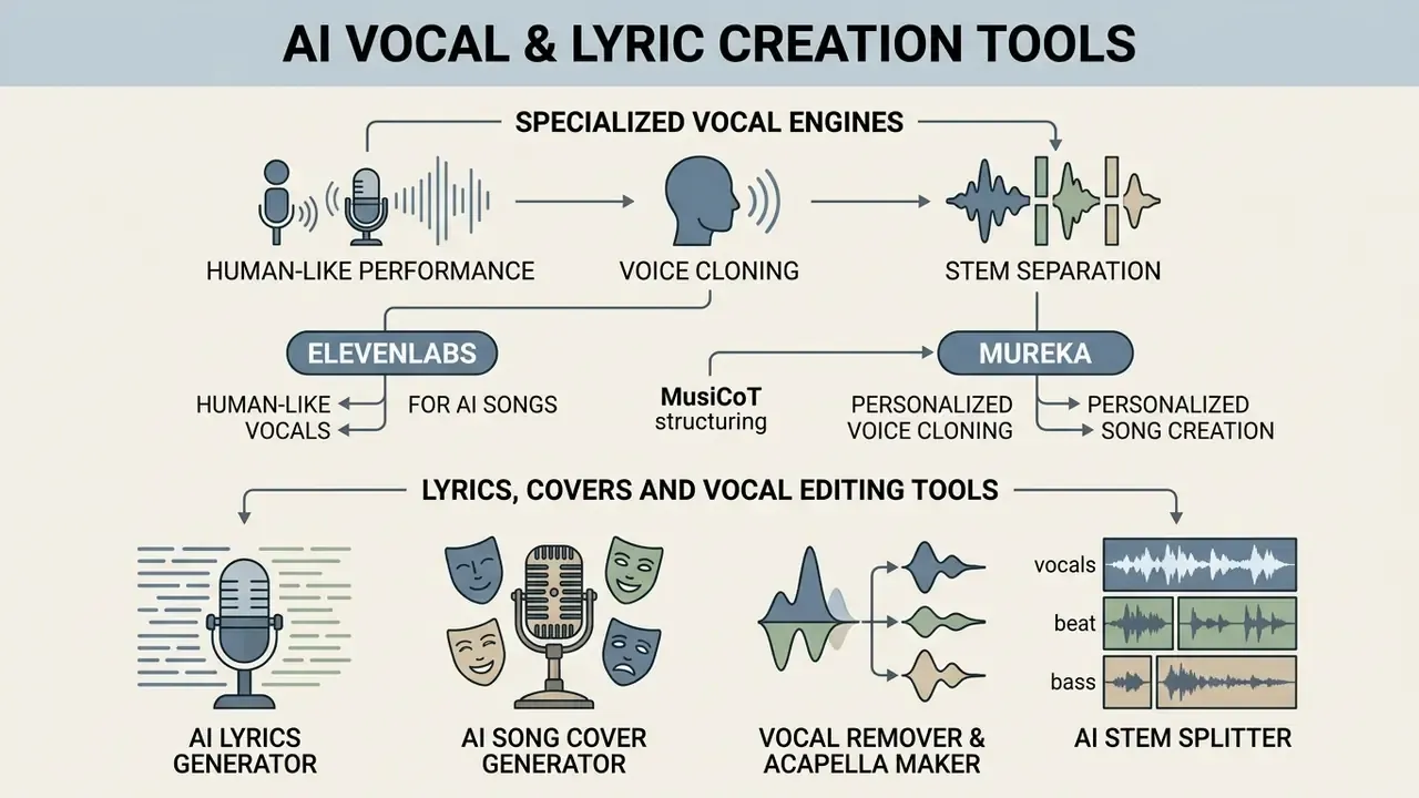 Infographic showing AI vocal engines and tools for lyrics, voice cloning, and stem separation