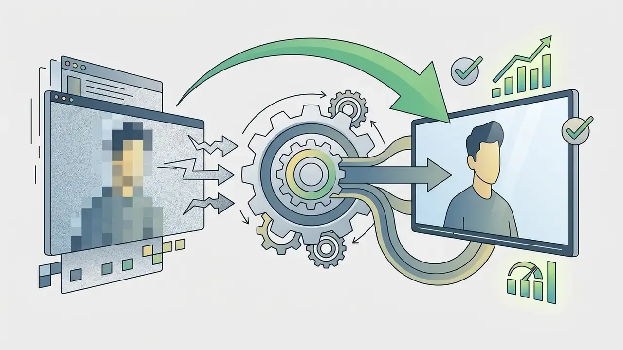 Pixelated low-resolution video being processed through a gear mechanism into a clear high-definition image