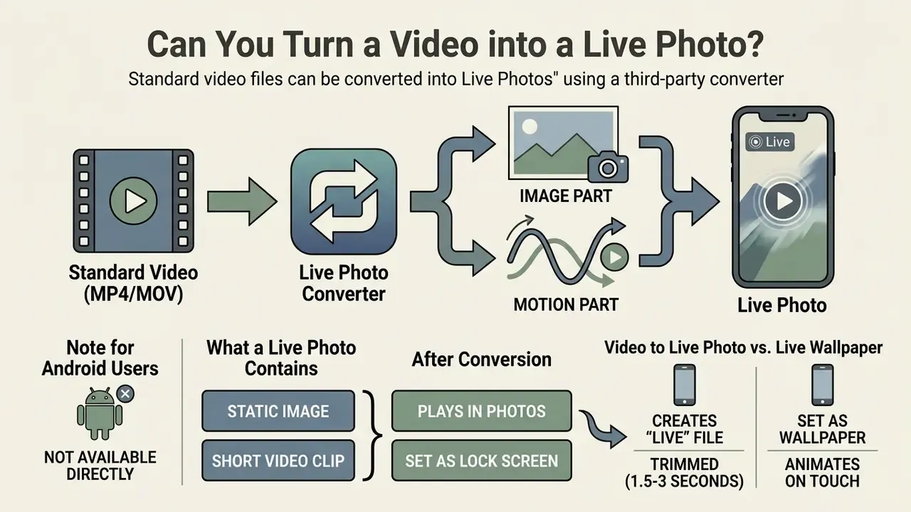Infographic showing how a video file is converted into a Live Photo using a third-party app