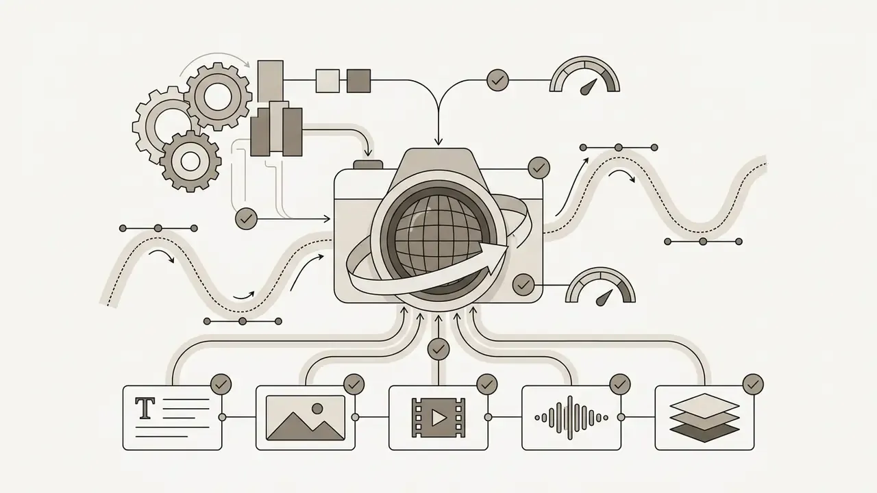 Camera icon connected to text, image, video, and audio inputs with motion spline and gear controls