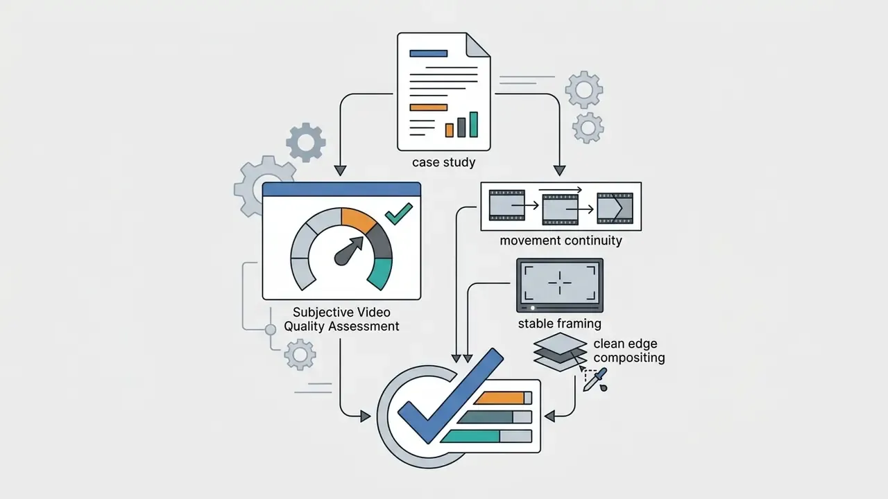 Icons representing case study metrics for movement continuity, stable framing, and clean edge compositing