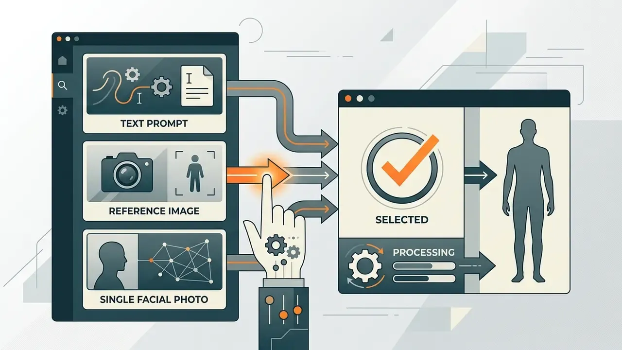 Hand selecting a reference image input option to trigger a digital process for generating human figures