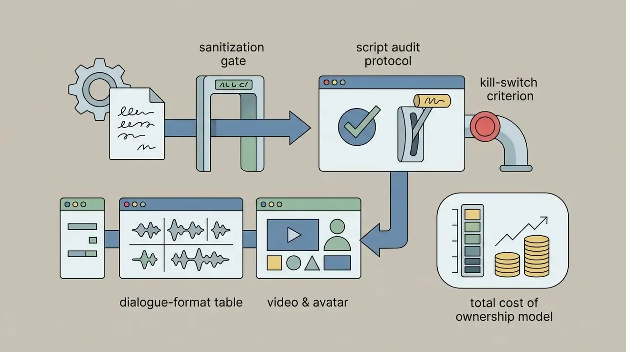 Document passing through a sanitization gate and audit protocol into dialogue, video, and cost models