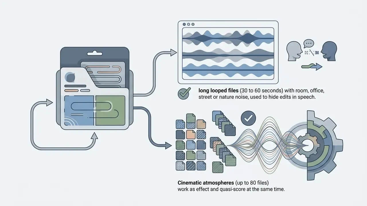 Folder icon branching into looped audio waveforms for dialogue smoothing and cinematic sound collections