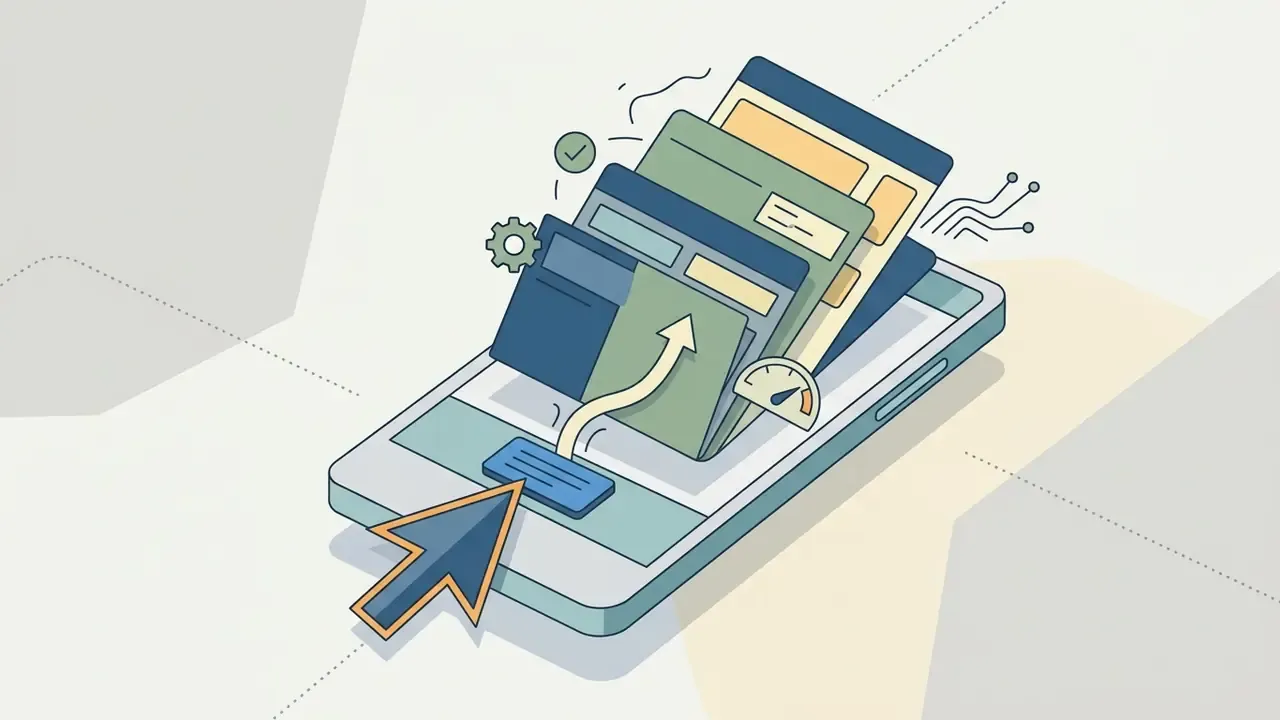 Cursor clicking a button on a smartphone screen to trigger a stack of layered digital interface menus