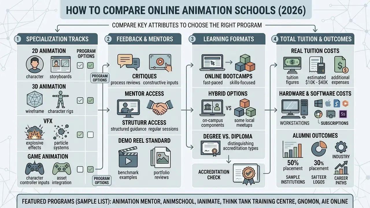 Four-step guide comparing specialization tracks, mentor feedback, learning formats, and tuition outcomes
