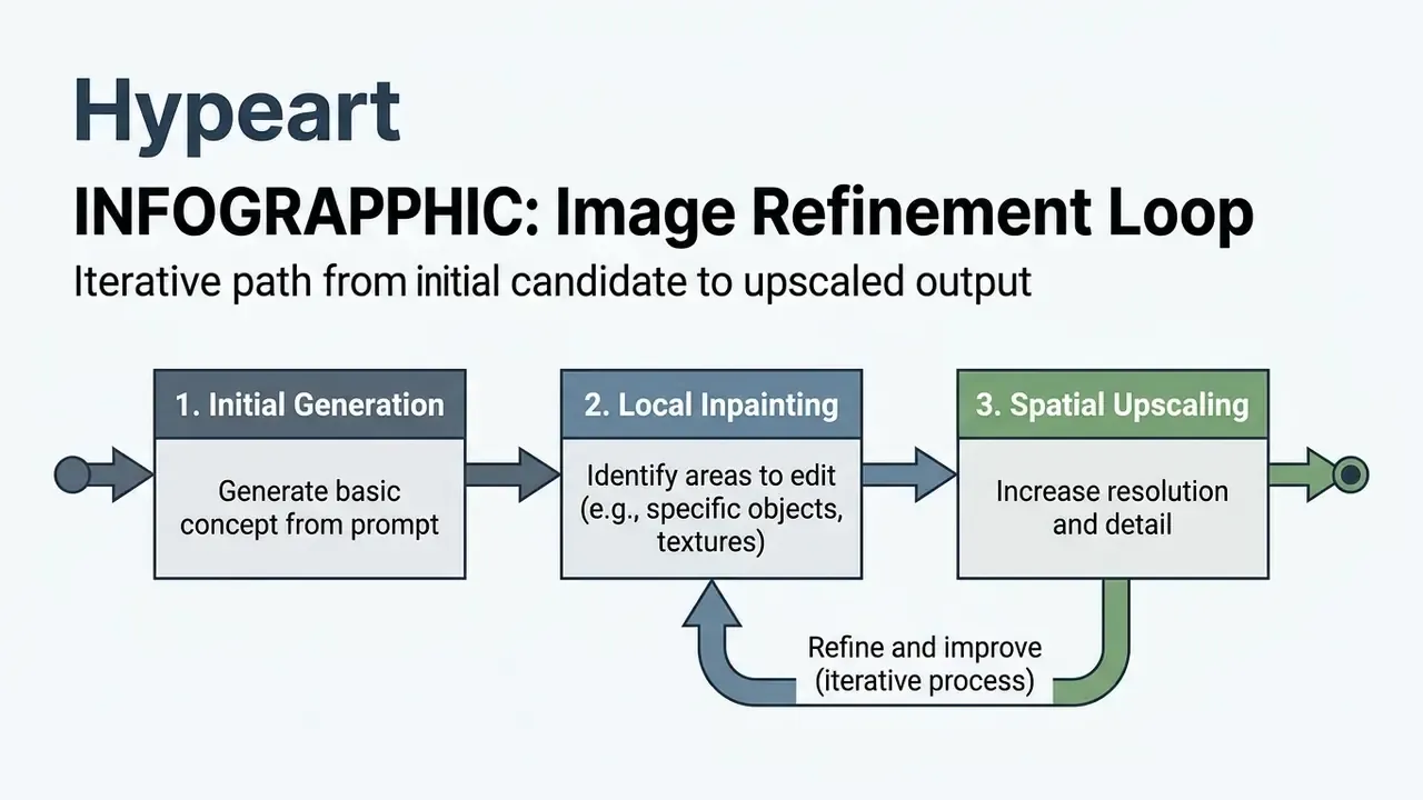 Three step diagram showing initial generation, local inpainting, and spatial upscaling in a loop