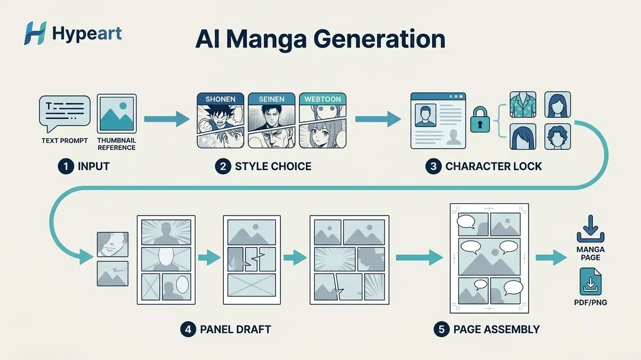 Flowchart showing five steps to create comics using an AI manga generator from input to final export