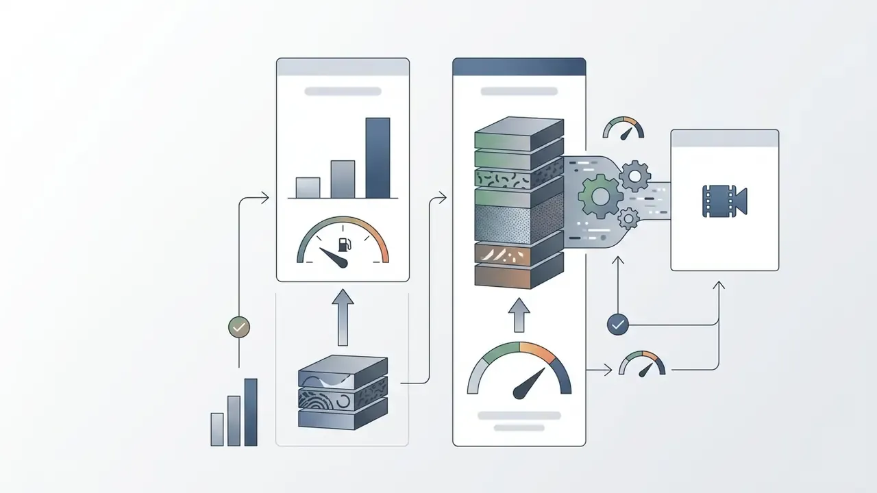 Data flow diagram showing server processing tiers, speed gauges, and video output generation
