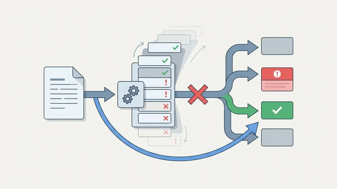 Diagram showing a document being routed through a processing list to successful or error outcomes