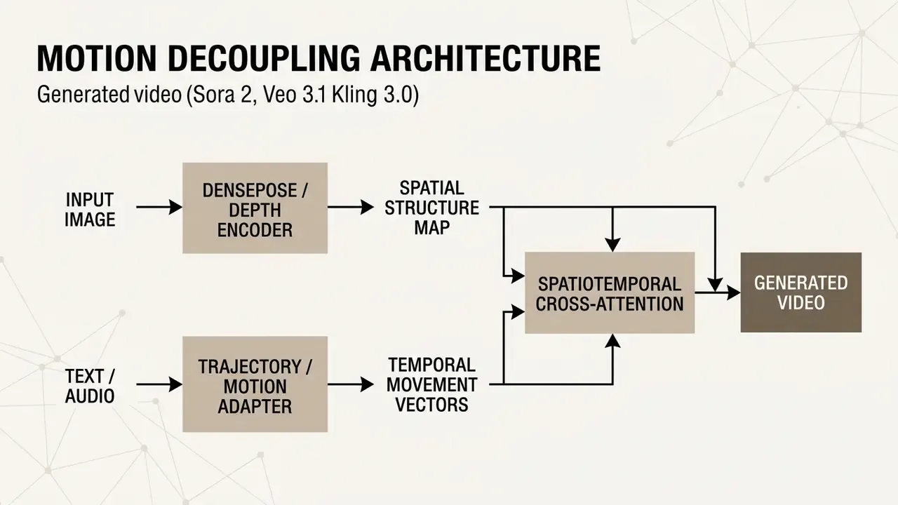 Technical schematic showing how image and audio inputs combine through cross-attention to create video