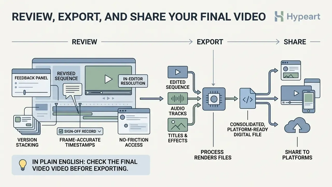 Workflow showing the process to review, render, and share video projects with team feedback