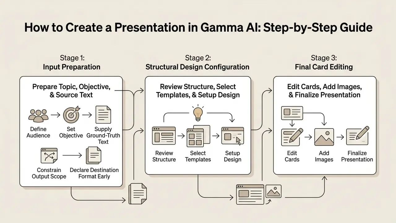 Three-stage workflow diagram for using Gamma AI to prepare inputs, configure design, and edit final cards