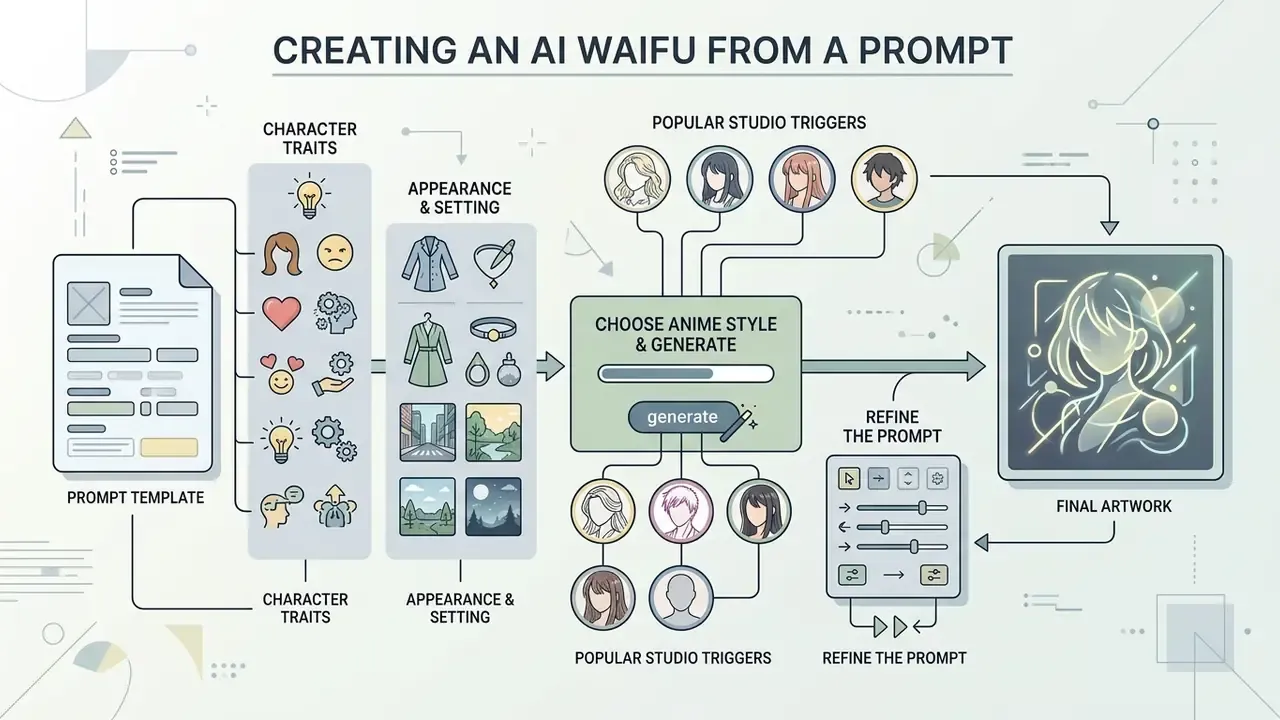 Step by step diagram showing how to combine character traits and studio styles into a final anime image