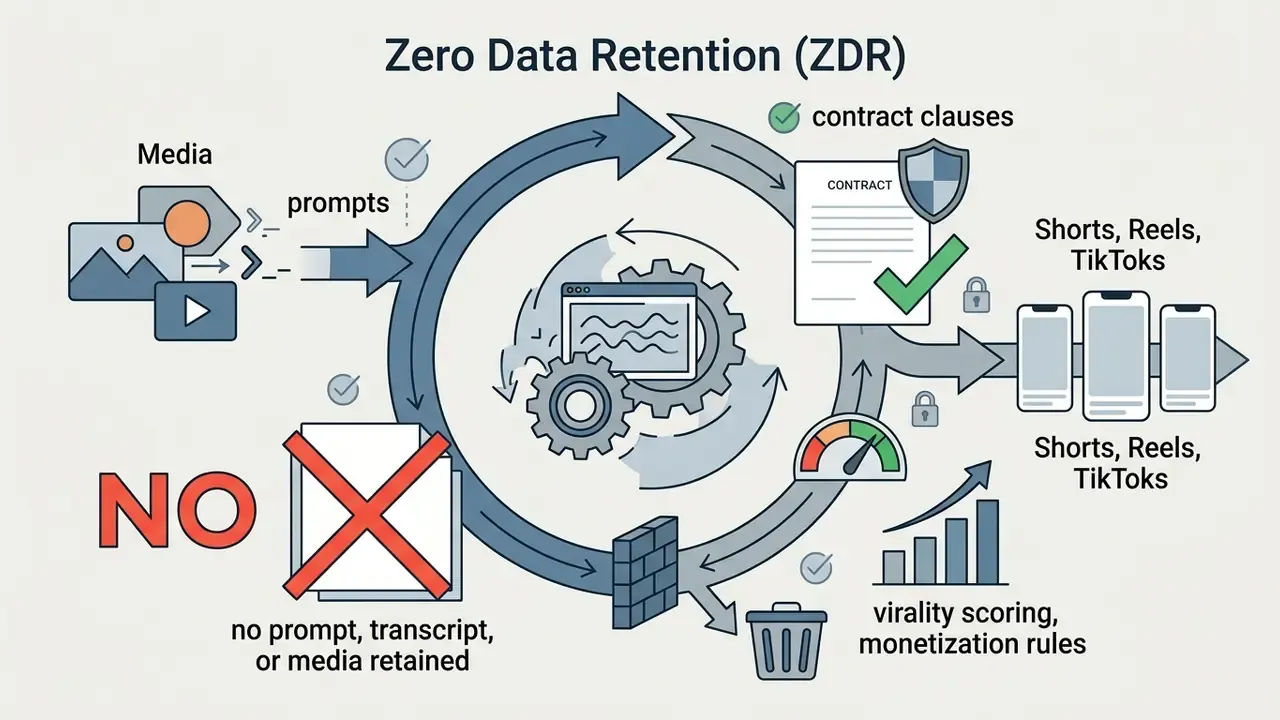 Circular workflow showing media inputs, contract clauses, and data deletion to prevent information storage