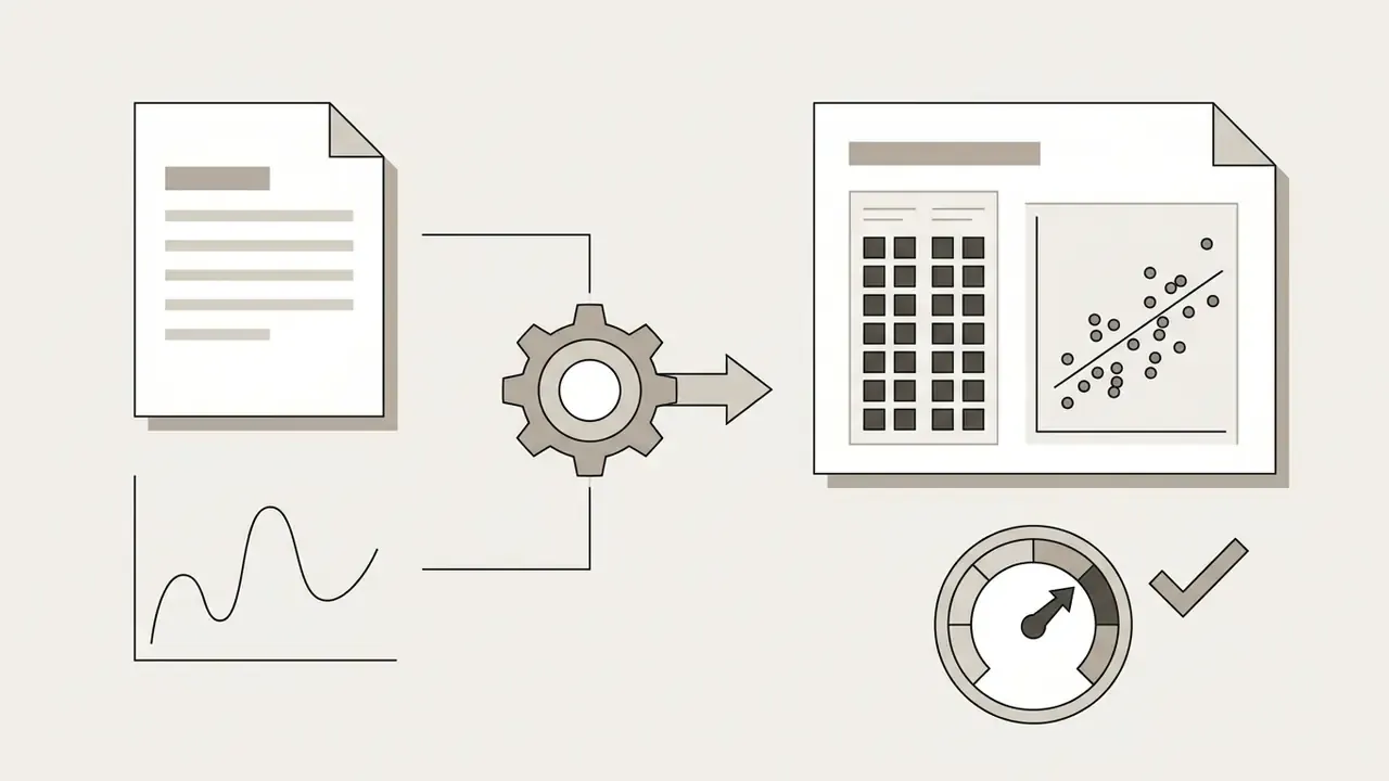 Document and line graph feeding into a gear that outputs a data table and scatter plot with a gauge
