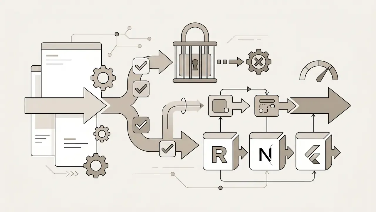 Application files flowing through gears and a lock into React, Next.js, and Flutter code frameworks