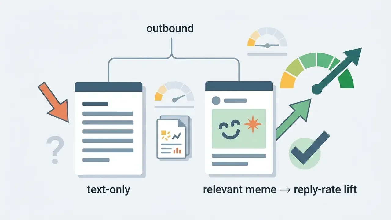 Comparison between text-only outbound messages and meme-based content showing higher performance metrics