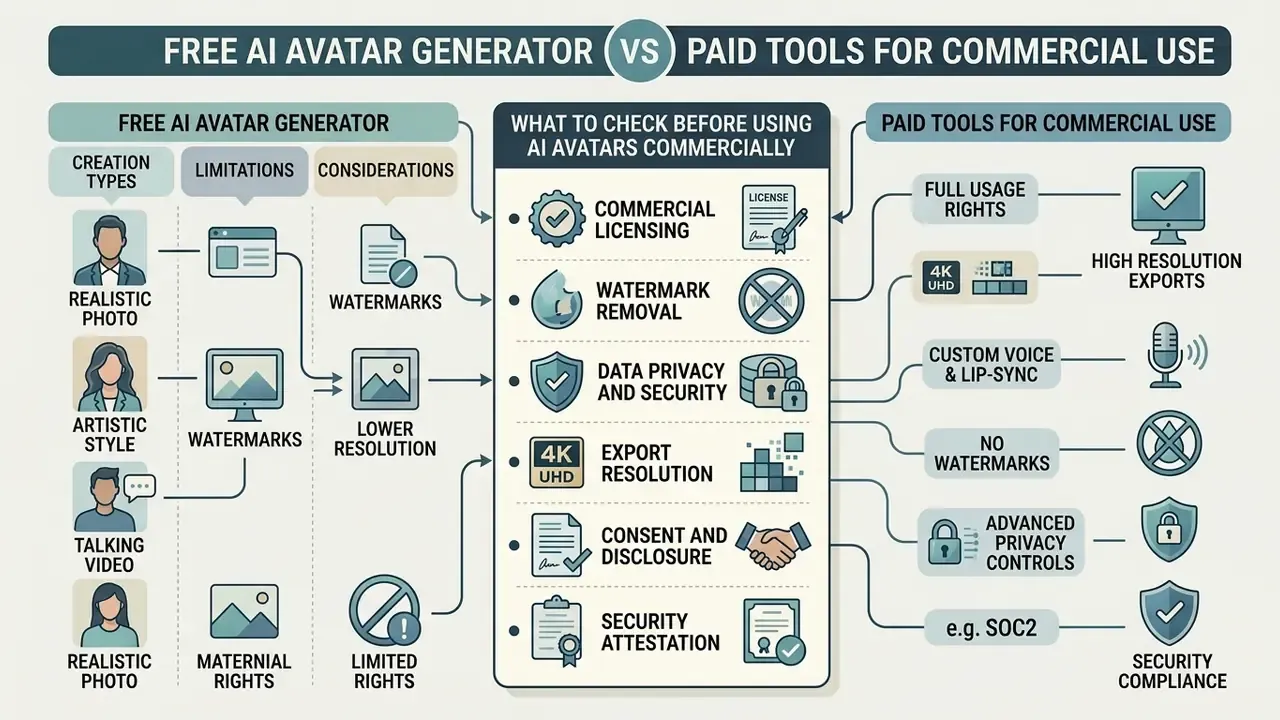 Comparison infographic contrasting free creation limitations against professional commercial features