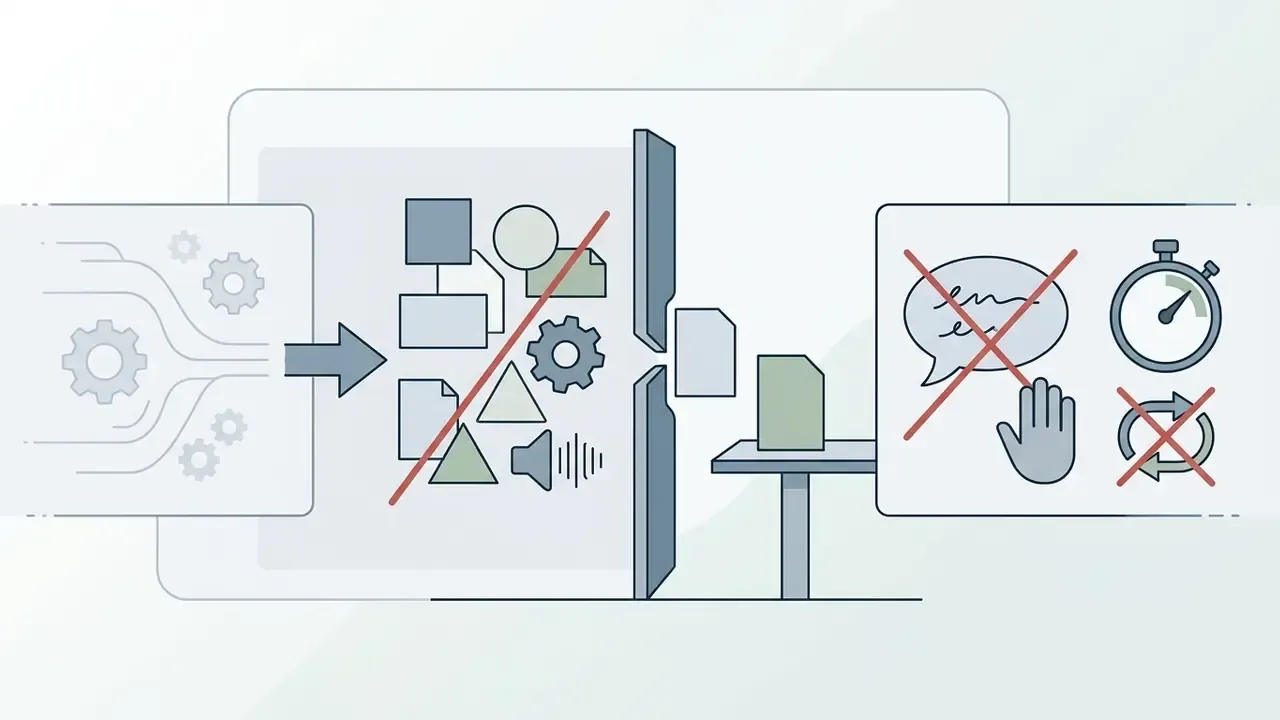 Gear system feeding into a restricted file process with crossed out speech, timer, and cycle icons