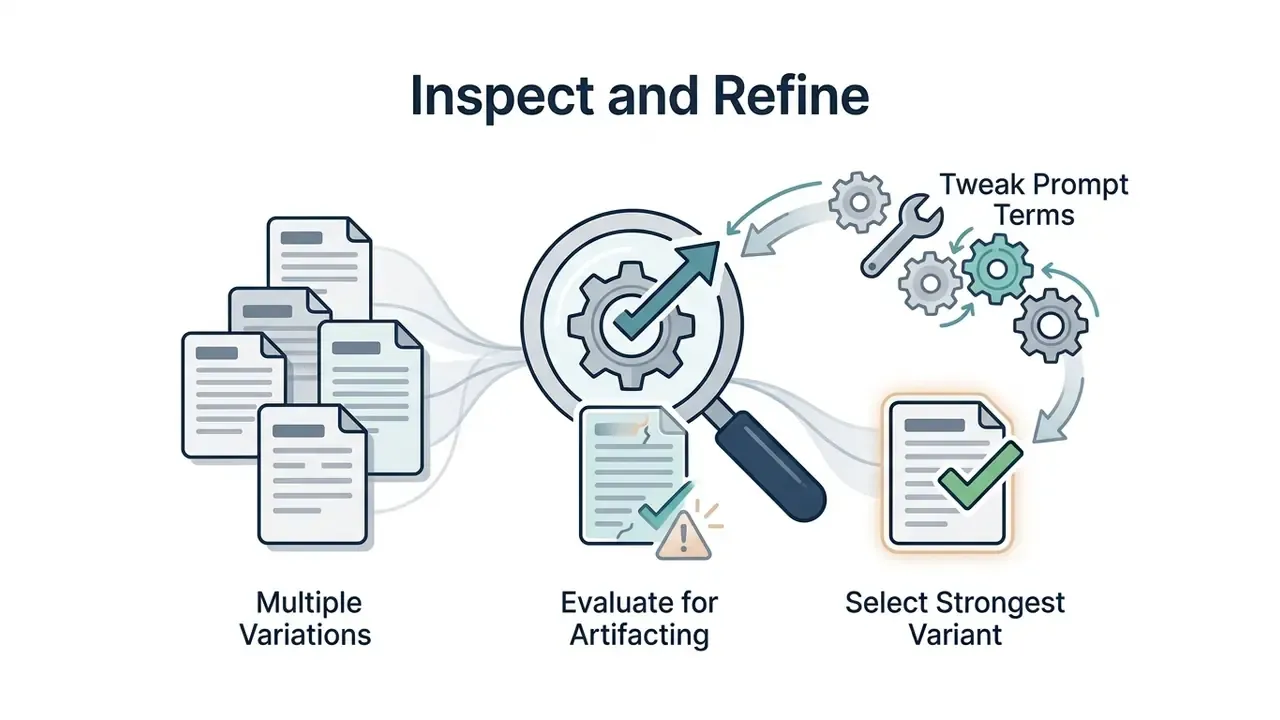 Magnifying glass with gears evaluating document variations to refine prompts and select the best design
