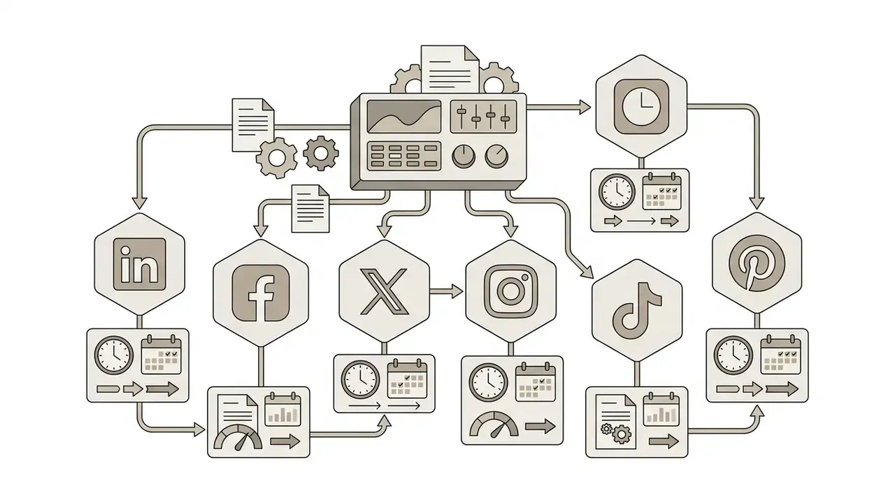 Central control unit directing content to social media platforms with scheduling and timing icons