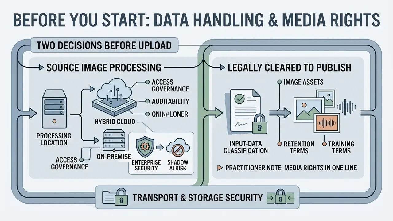 Flowchart showing two key decisions regarding image processing locations and legal publishing requirements
