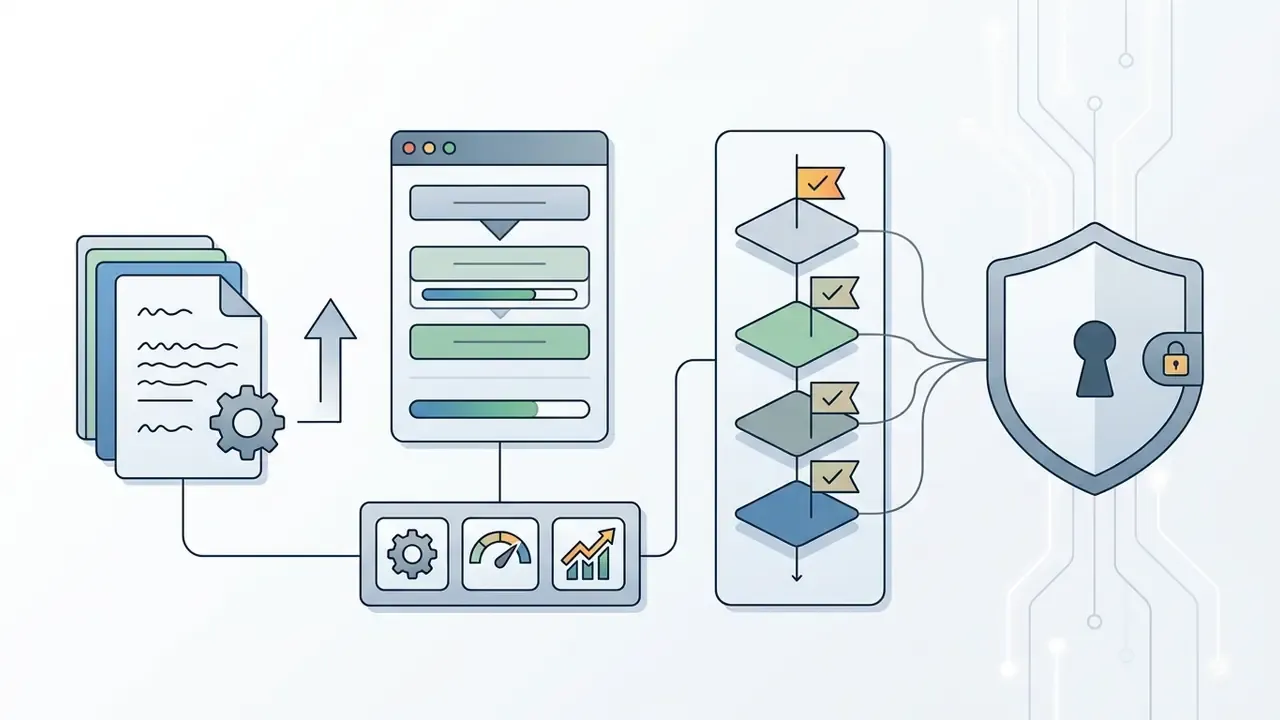 Documents moving through a processing system to reach a shield icon representing data protection