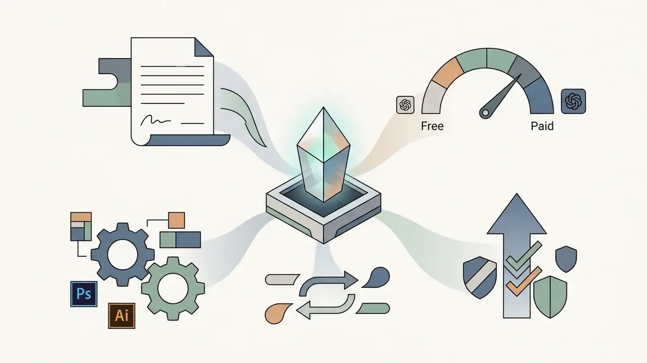 Central crystal hub connecting to document, performance gauge, design tools, and security icons
