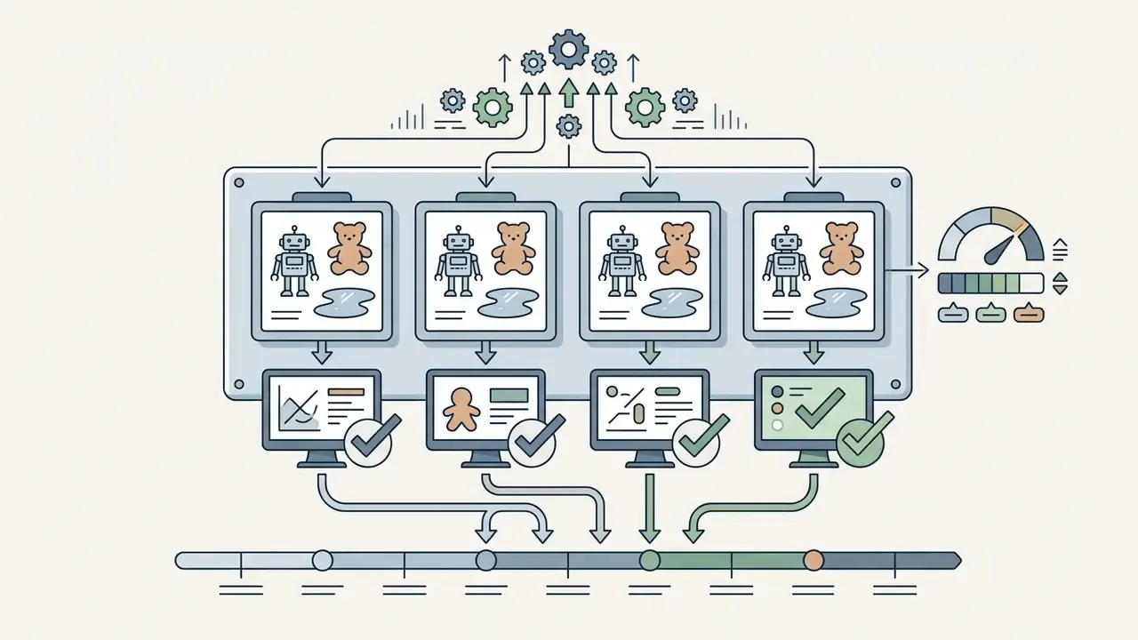 Four panels showing robot and teddy bear image generation outputs flowing into evaluation monitors