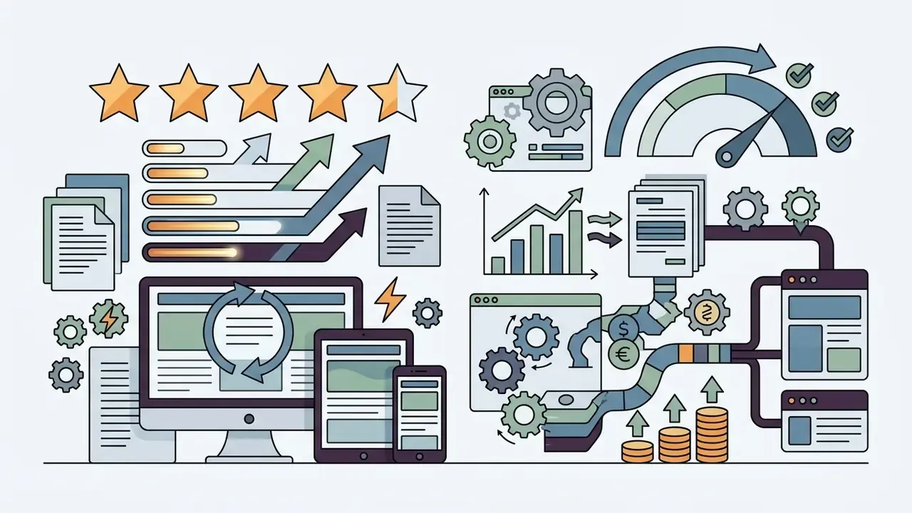 Rating stars and device icons illustrating the responsive performance of the Gamma AI presentation maker