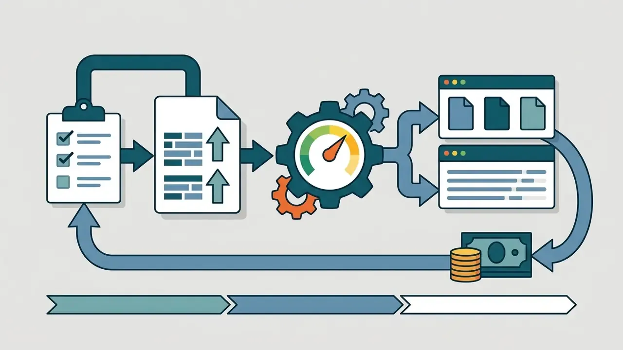 Workflow diagram showing document processing, performance gauging, file output, and cost analysis