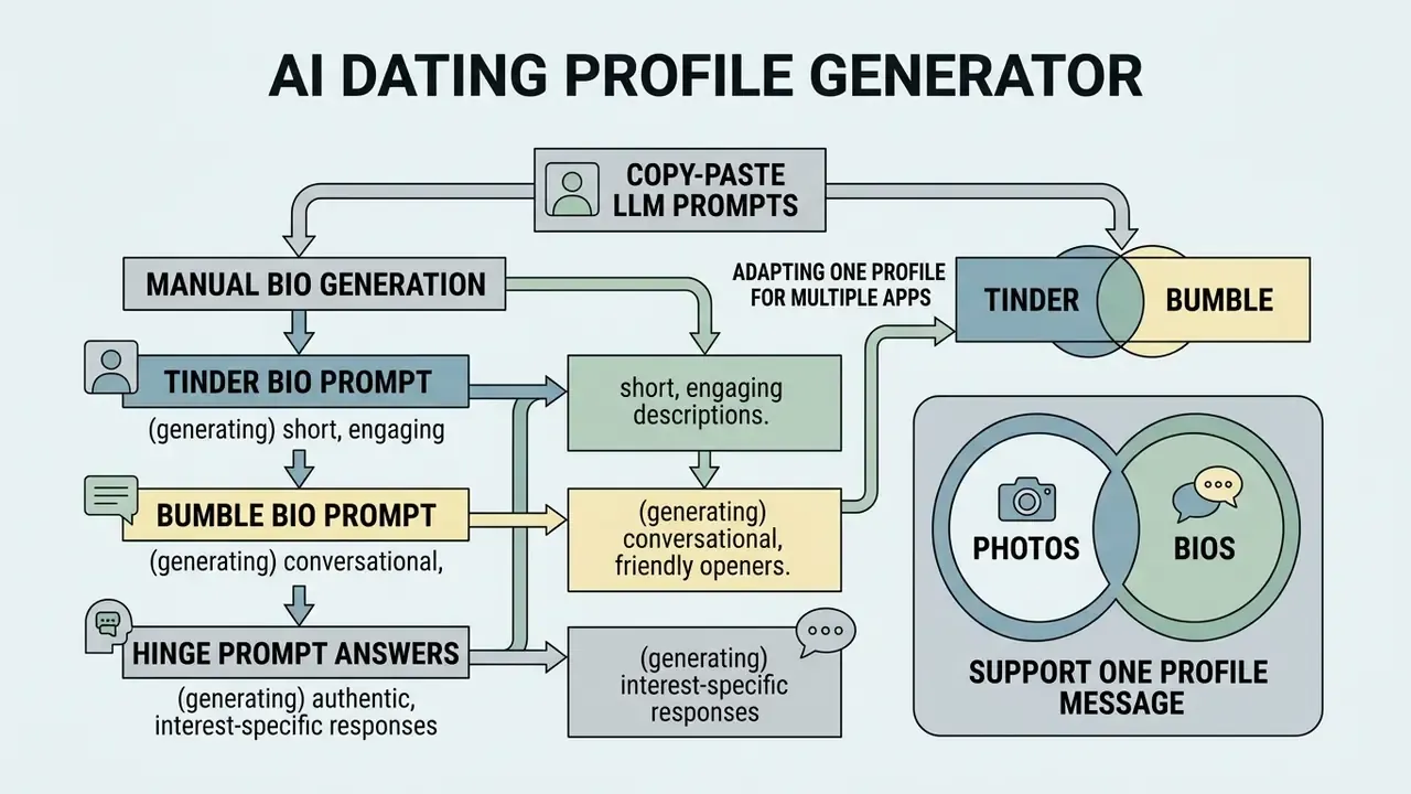 Diagram showing how to adapt LLM prompts for creating consistent dating app bios and photo messaging