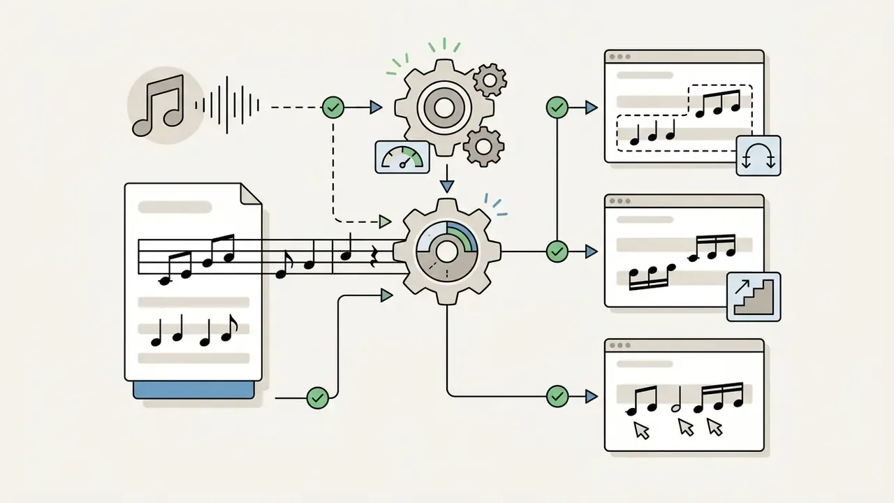 Musical notation and audio inputs feeding into gear icons that output adapted scores for student practice