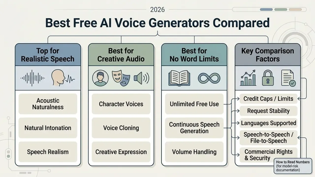 Infographic comparing AI voice generators by speech realism, creative audio features, and usage limits