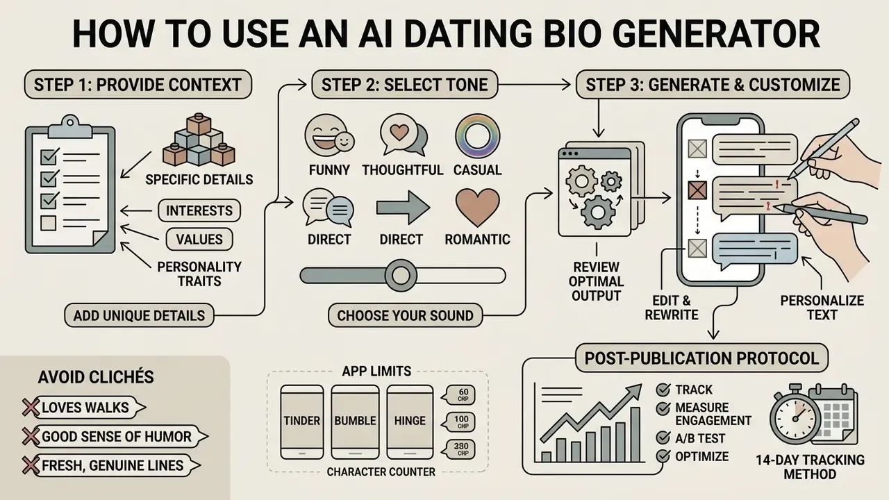 Infographic detailing steps to create a dating profile including context, tone selection, and optimization