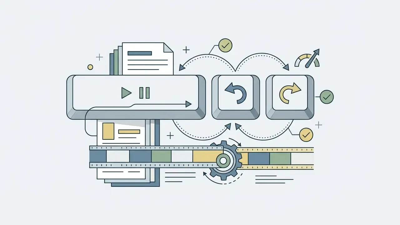 Spacebar, undo, and redo keys positioned above a film strip and gear to represent media cleanup controls