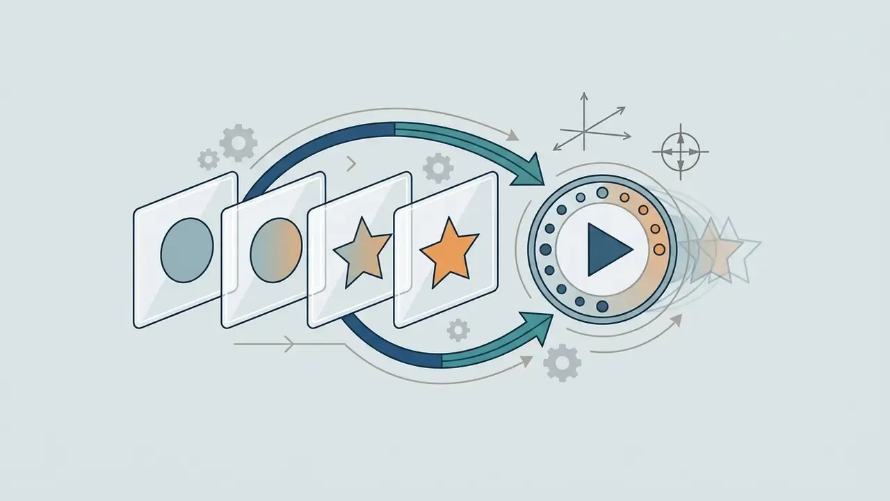 Sequential frames of shapes feeding into a circular play button to visualize motion preview