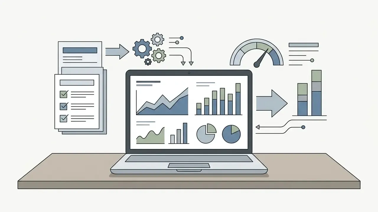 Laptop on a desk displaying financial analytics charts with gears and a speedometer gauge