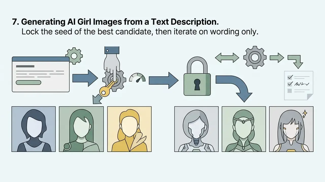 Hand locking a gear mechanism to refine portrait variations from text prompts into a final selection